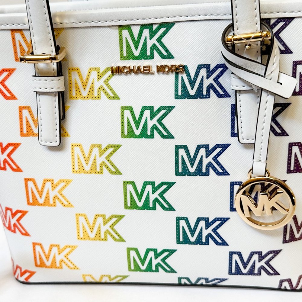Michael Kors Jet Set XS Carryall Tote Satchel Shoulder Bag MK Rainbow White - Picture 12 of 13